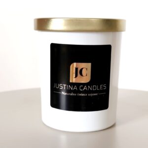 Świeca 180ml z najwyższej jakości wosku sojowego, w białym szkle w połysku z złotą pokrywką