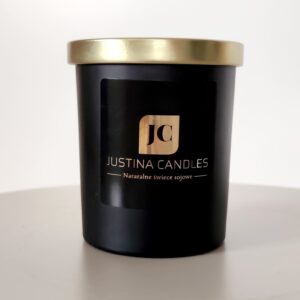 Świeca 180ml z najwyższej jakości wosku sojowego, w czarnym szkle w macie z złotą pokrywką